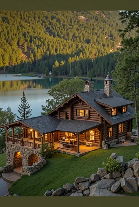 Create an image of a rustic log cabin nestled in a forested area by a serene lake. The cabin should have a stone foundation and a wrap-around porch with warm, inviting lights glowing from the windows and porch area. The surrounding landscape should include...