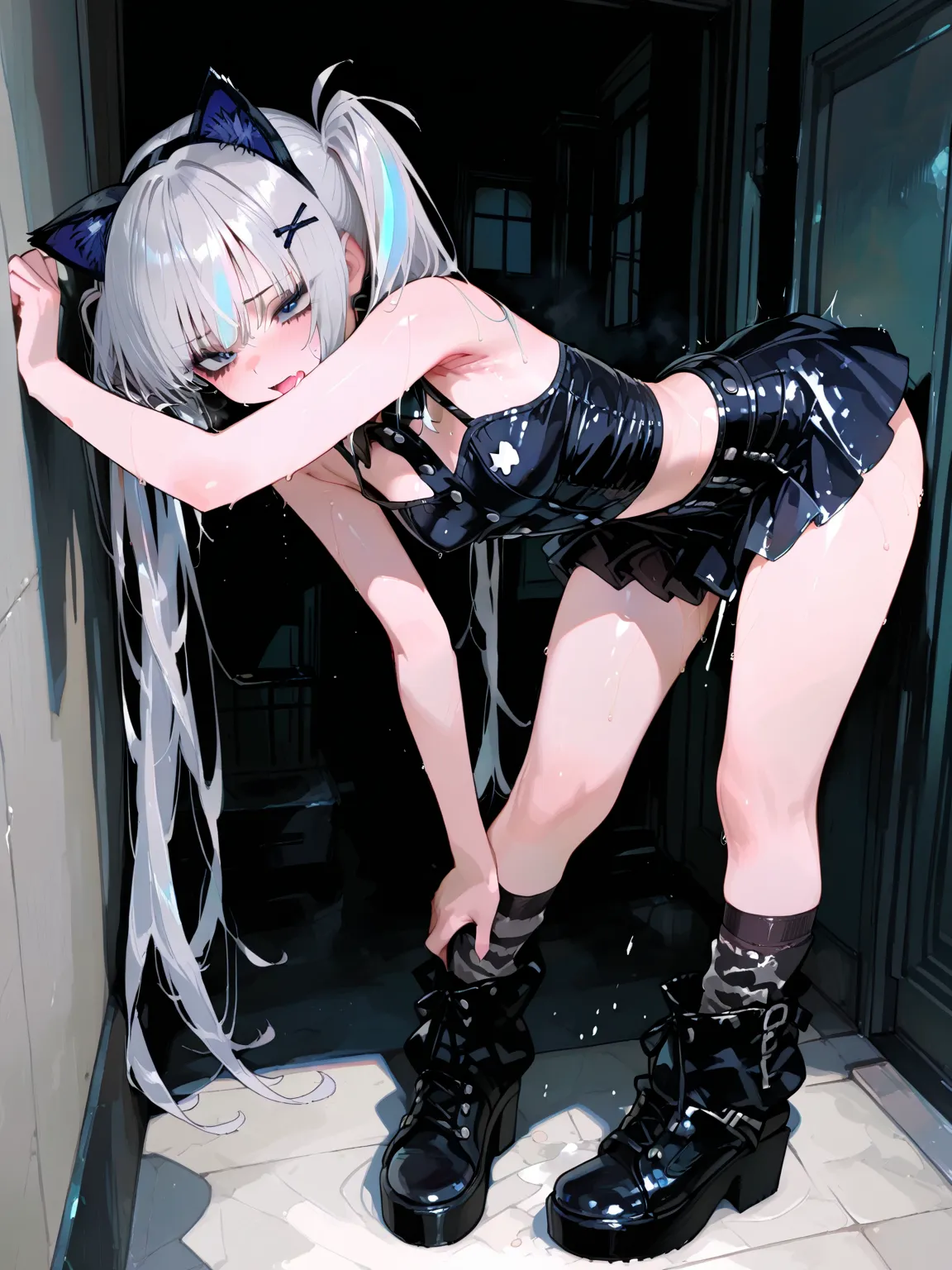 
girls,Ultra High Definition,high quality,masterpiece,long eyelashes,black eyeshadow。 blue eyes, Silver Hair, punk attire,  Ultra Ultra Mini Skirts , knee-high。 twinkle in both armpits,  Cat ears,  standing with legs spread out ,Background Hell,Strong touc...