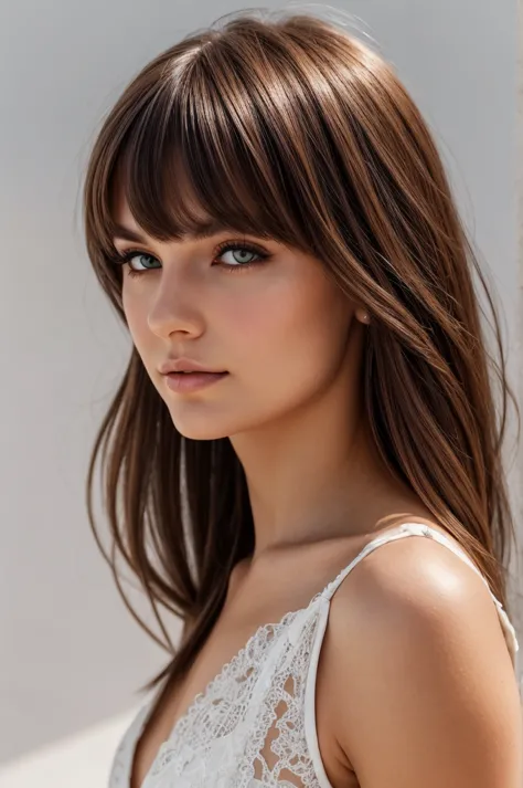 a British beautiful lady with trendy mirco bangs long hair style, natural eyes sight, face quarter view, wear formal, white backlight, white background, camera focus full hair style, photorealistic, high quality, high definition, high resolution, HD, HQ.