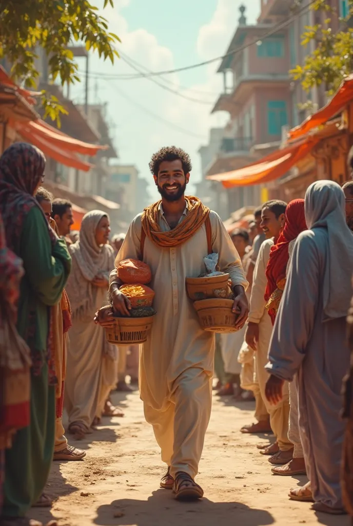 Umar Helping Others**: Umar is walking to his neighbors' houses with food and water in his hands. People are welcoming him with joy Pakistan Lahore 