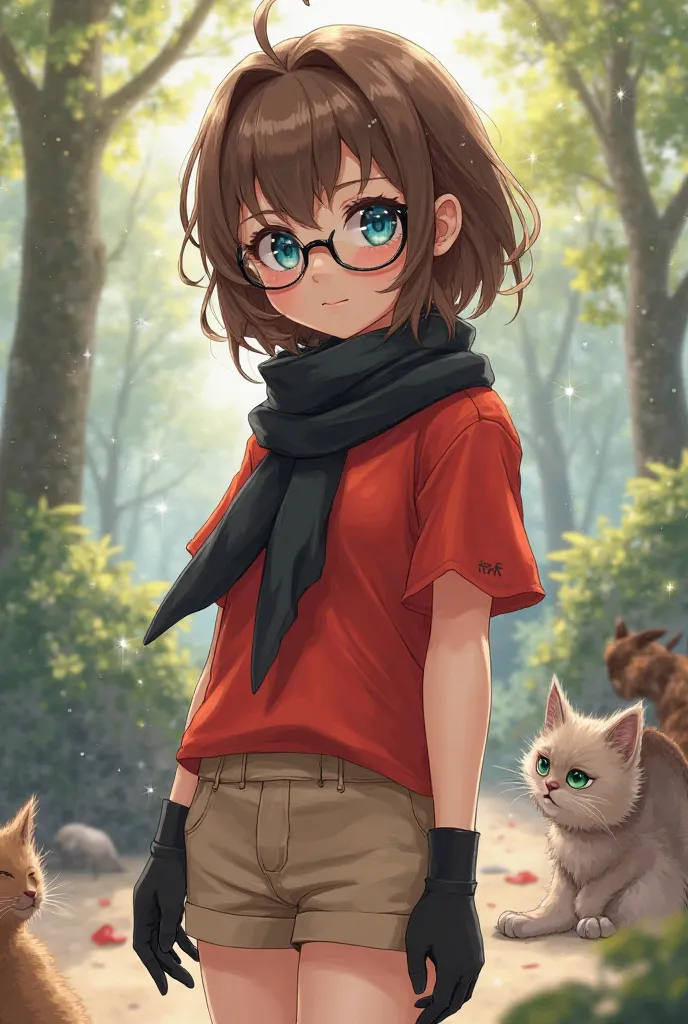 A  girl, Brown-haired , bespectacled,, blue-eyed, with black scarf, with red blouse, black sleeveless gloves, light brown shorts, knee-length socks , black shoes and loves cats 