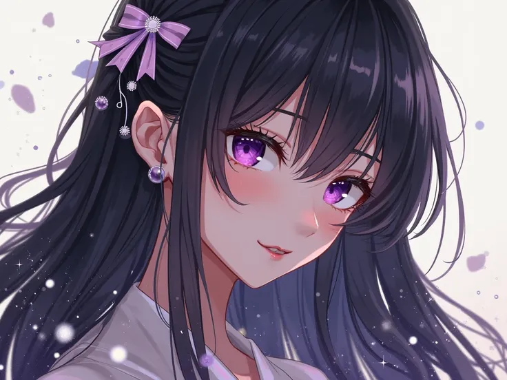 1 girl, long hair, Breasts,  Smile, open mouth, Black hair, hair ornament, purple eyes, purple eyes, eyes closed, hair ornament в виде бантика, Tooth,  in profile , Shine, Точность, Better quality, Realistic anatomy, Точность, Better quality, HD model, hig...