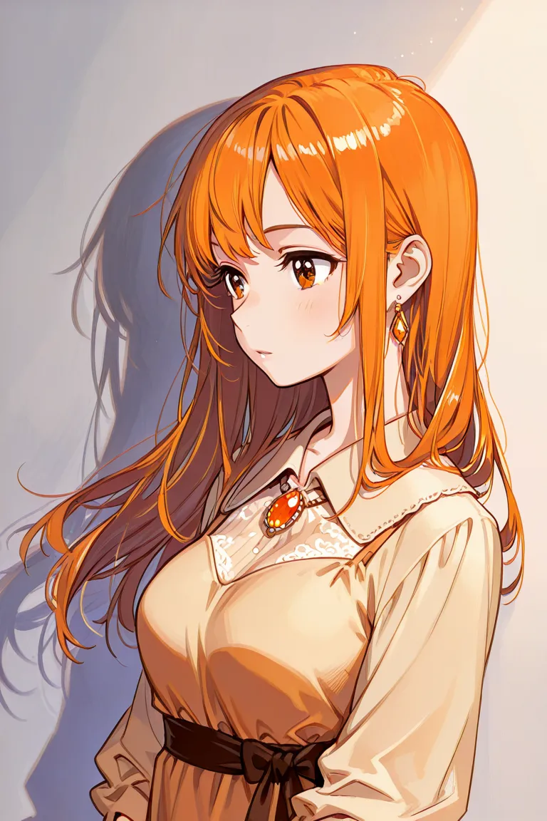 An orange-haired woman, a very elegant outfit with a calm expression.