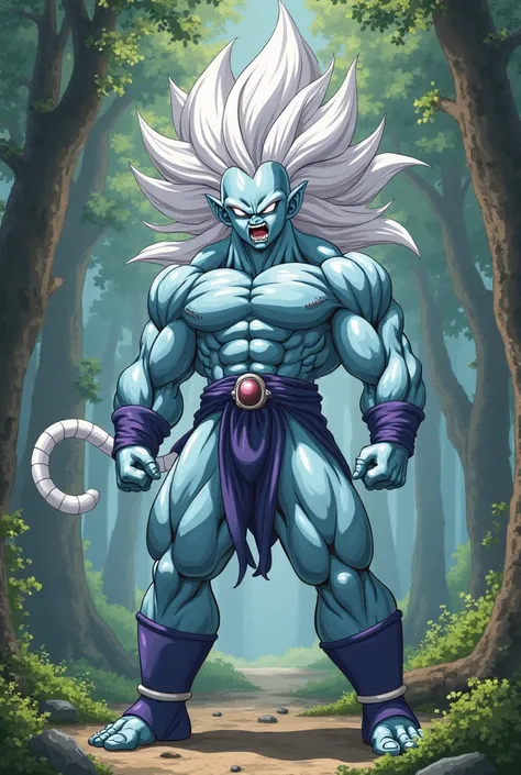 ((best quality))(from Dragon Ball)(Dragon Ball design), character: Whis, prompts: man, gay, light blue skin, big white hair, purple mouth, effeminate, extremely muscular, giant muscles, huge penis, growing muscles, moaning, ejaculating, in a forest.