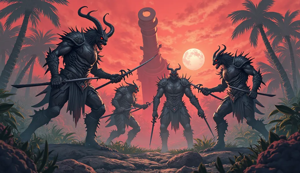 4 demonic beings with an athletic humanoid figure with certain traits mixed with animal characteristics, each wearing diabolical armor similar to medieval ones, each carrying a weapon with a very large cannon in the background of a dark alien jungle,  The ...