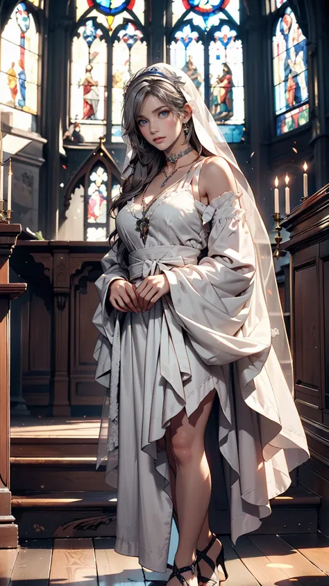  Head Veil , Grey Veil,  white hair, Grey White,  Gubes Art Style, Arrogant and indifferent girl, National style , Off-white、full body photo、A church with a fantastic atmosphere、beautiful stained glass、The sun shines in、choker