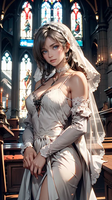  Head Veil , Grey Veil,  white hair, Grey White,  Gubes Art Style, Arrogant and indifferent girl, National style , Off-white、full body photo、A church with a fantastic atmosphere、beautiful stained glass、The sun shines in、choker