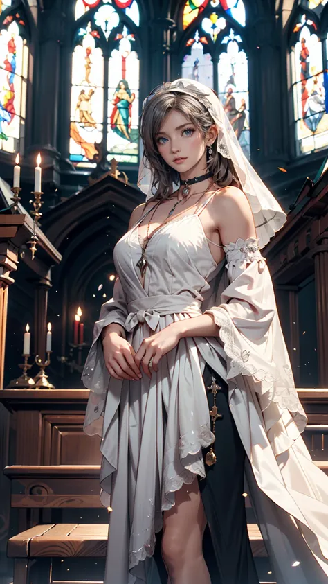  Head Veil , Grey Veil,  white hair, Grey White,  Gubes Art Style, Arrogant and indifferent girl, National style , Off-white、full body photo、A church with a fantastic atmosphere、beautiful stained glass、The sun shines in、choker