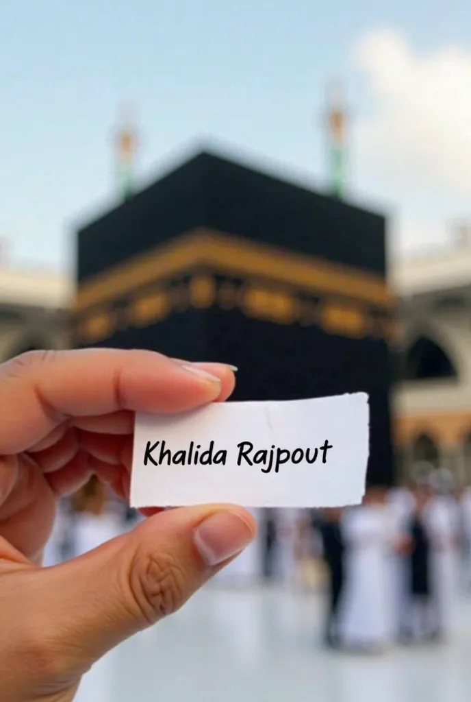 Imagine you are standing in front of the Kaaba. Take a small white piece of paper and write 'Khalida Rajpoot' on it. Hold it in a way that the Kaaba remains clearly visible in the background, then capture a well-angled photograph."

