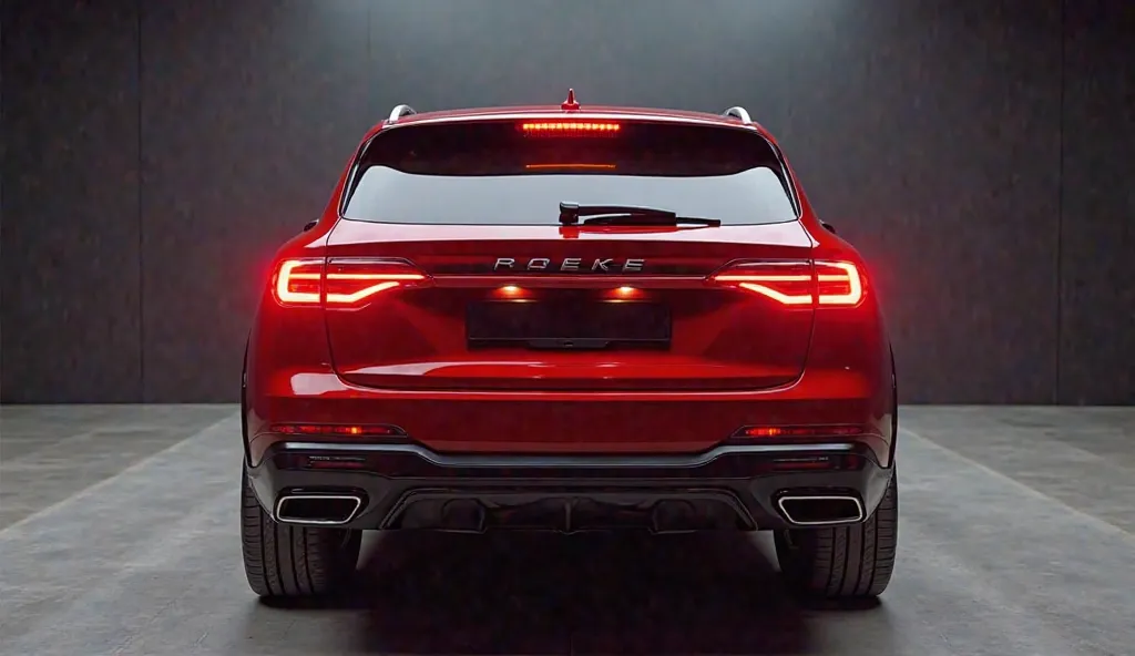 New 2025-2026 Top 10 European Carsexterior back right review Open vehicle lights 100% Real and clear images first look show in furnished showroom the vehicle red colour high quality and high- resolution and name and Logo show on the back wall and vehicle