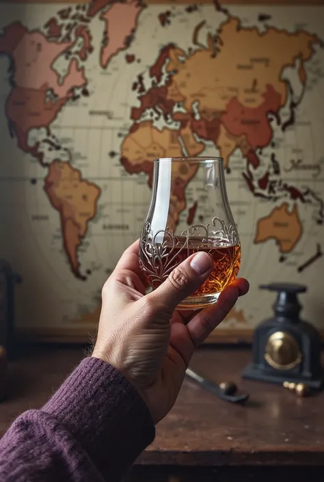 generate a realistinc pic of hand holdnig a cup of  brandy bottle, with the world map in the back map, in vintage style, brownish cool tones, dark purple, brown, ivory colors
