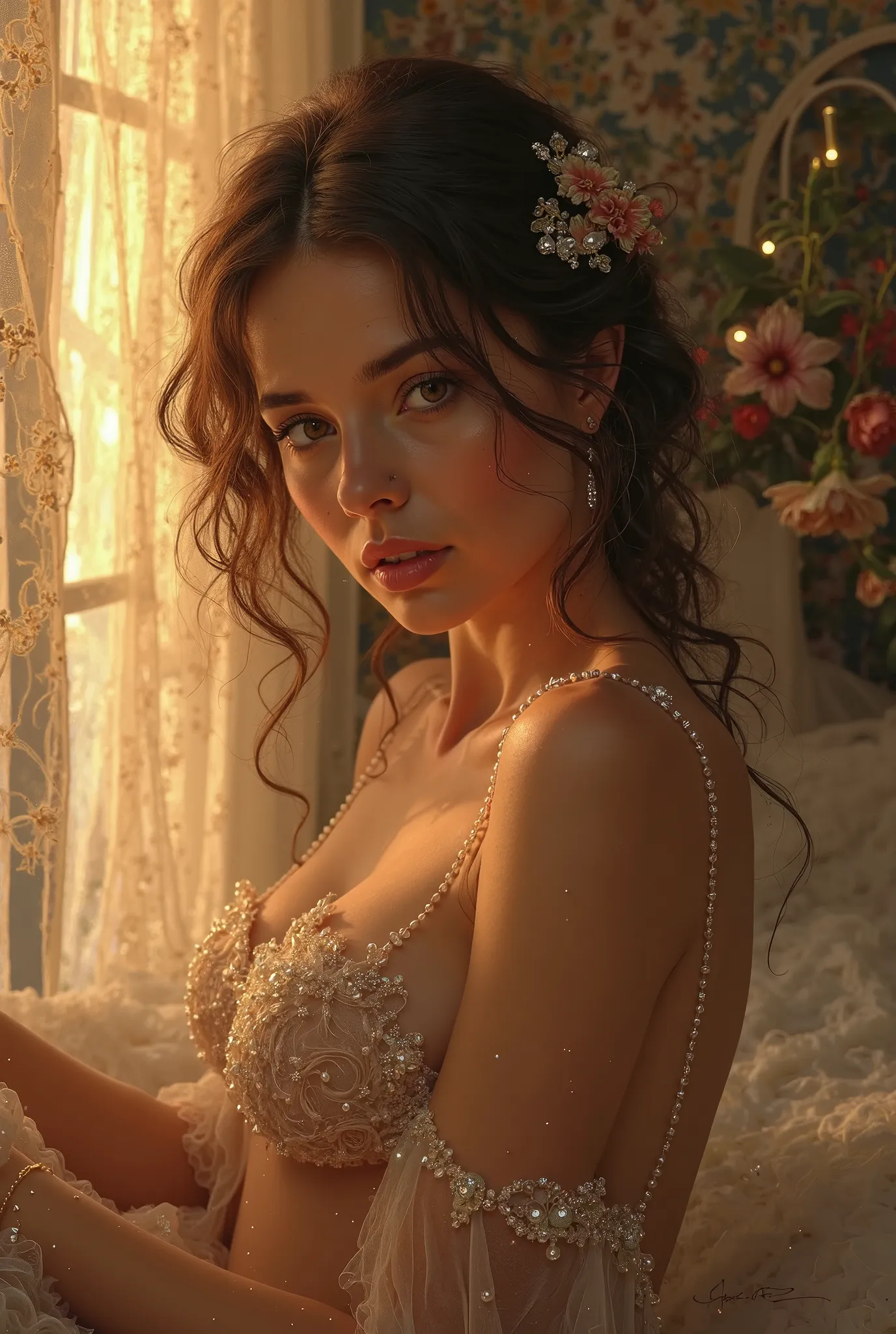  Intricate details, warm colors, by Greg Rutkowski, by Alphonse Mucha, Imagine this: soft moonlight spills through the sheer curtains, catching on the delicate pearls that trace the curves of her skin. Luminous gems sparkle like captured starlight against ...