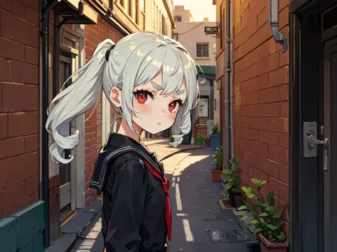 Young girl with grey hair, ((fringed and curly hair)),((curly short twintail)), curly hair ,(red eyes),, ((small bushy eyebrows)), naked, lolicon , to school, bored eyes, bored face , ,  in a dirty alley,,