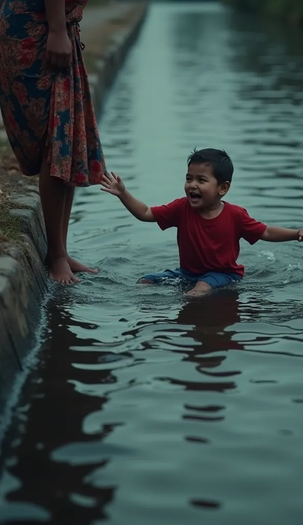 "A young boy wearing a red shirt and blue pants is drowning in a canal, struggling to stay afloat. His mother stands on the bank, crying helplessly with a distressed and desperate expression. She reaches out towards him but is unable to save him. The scene...