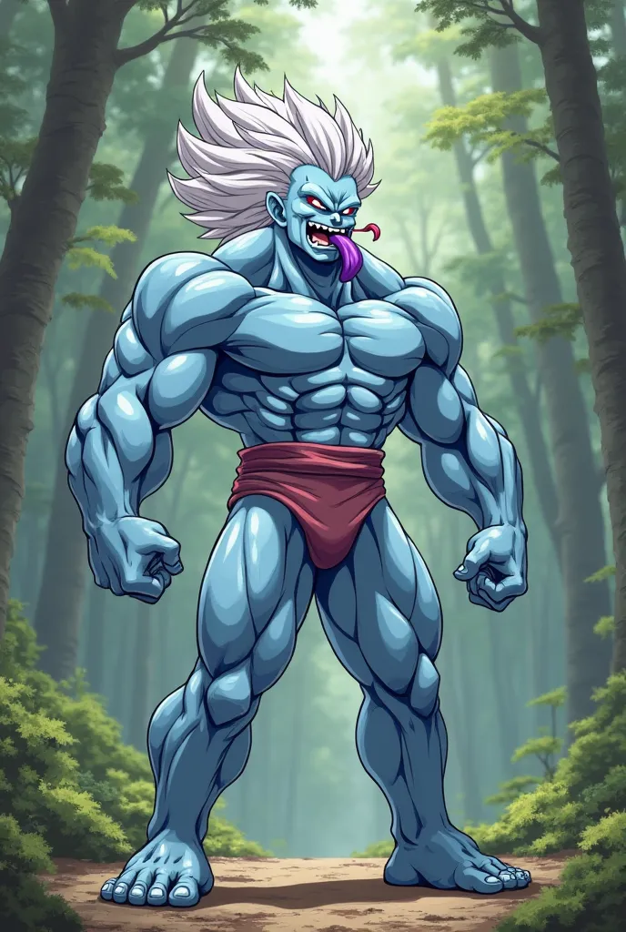 ((best quality))(from Dragon Ball), character: Whis, prompts: man, gay, light blue skin, big white hair, purple mouth, effeminate, extremely muscular, giant muscles, huge penis, growing muscles, moaning, ejaculating, in a forest.