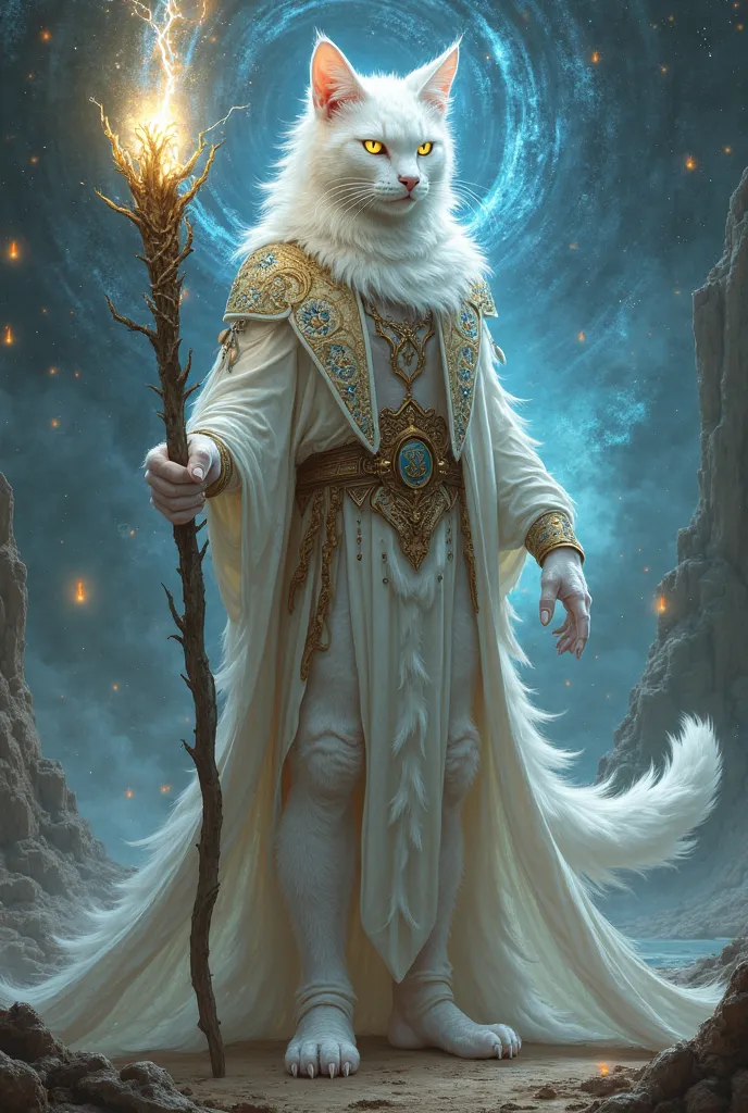 make an old white male cat with a long body of human body
dressed in the sperti of an ancient roman god
The white color has a very strong lightning power effect
wearing a stick