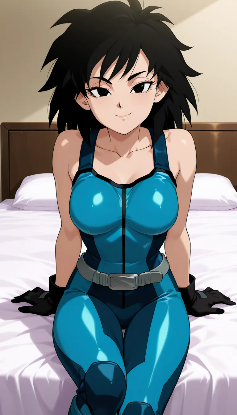 anime screencap, absurdres, high quality, official style, gine, official style, 1girl, solo, black hair, black eyes, eyebrows, eyelashes, collarbone, bare shoulders, smile, half eyes closed, sexy eyes, indoors, looking at viewer, seductive smile, closed mo...