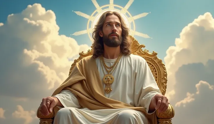 super detailed high quality 8K photorealistic image of a beautiful Jesus Christ with blue and serene eyes looking directly at the camera, sitting on a beautiful golden throne on the clouds in the sky

