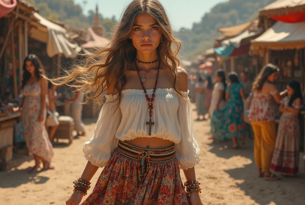  gypsy girl with wavy light brown hair. She wears a white off-the-shoulder blouse and a crucifix necklace., Long skirt with print and bells on the edges. She wears many bracelets on her left hand and bracelets with bells on her right ankle.