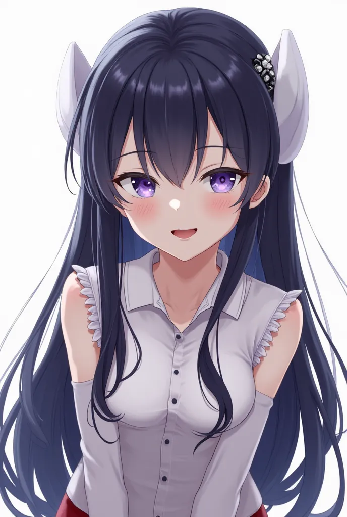 1 girl, long hair, Breasts,  Smile, open mouth, Black hair, hair ornament, purple eyes, purple eyes, eyes closed, hair ornament в виде бантика, Tooth,  in profile , Shine, Точность, Better quality, Realistic anatomy, Точность, Better quality, HD model, hig...