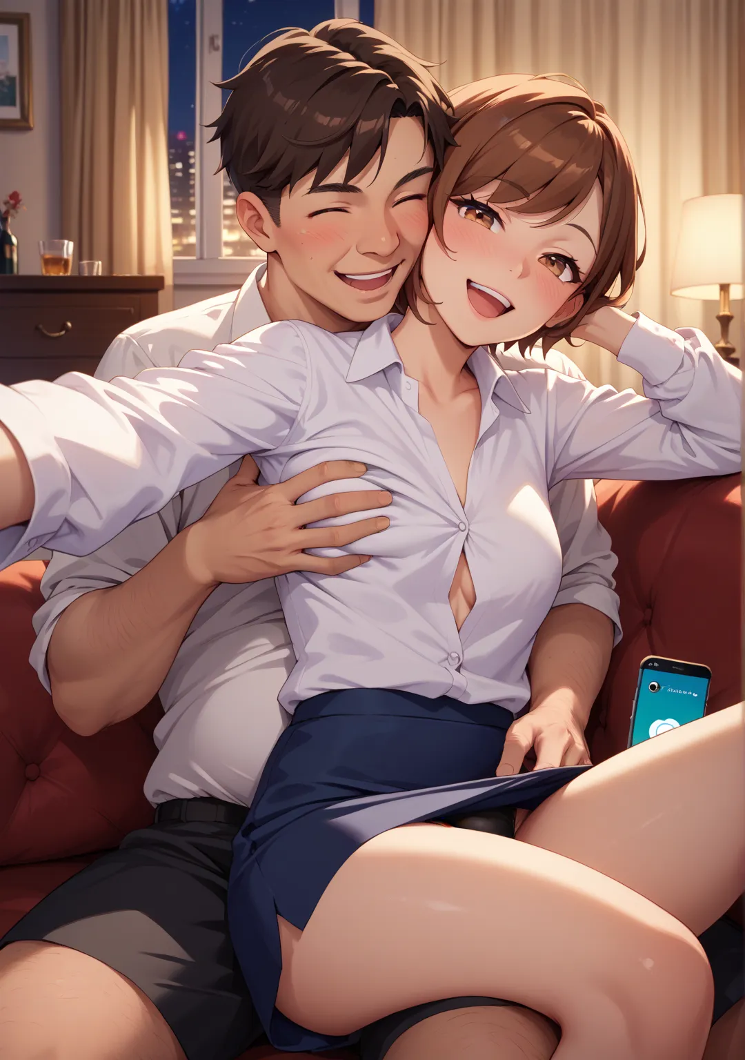 nsfw,Selfie,1 girl,1 man,short hair,straight hair that can't be seen from the outside ,brown hair,Brown Eyes,glamorous,swept bangs,her white button-up shirt,her dark blue skirt,night,,fat old man,middle age man, Long Sleeve,indoor, drunk,hotel, reclining ,...