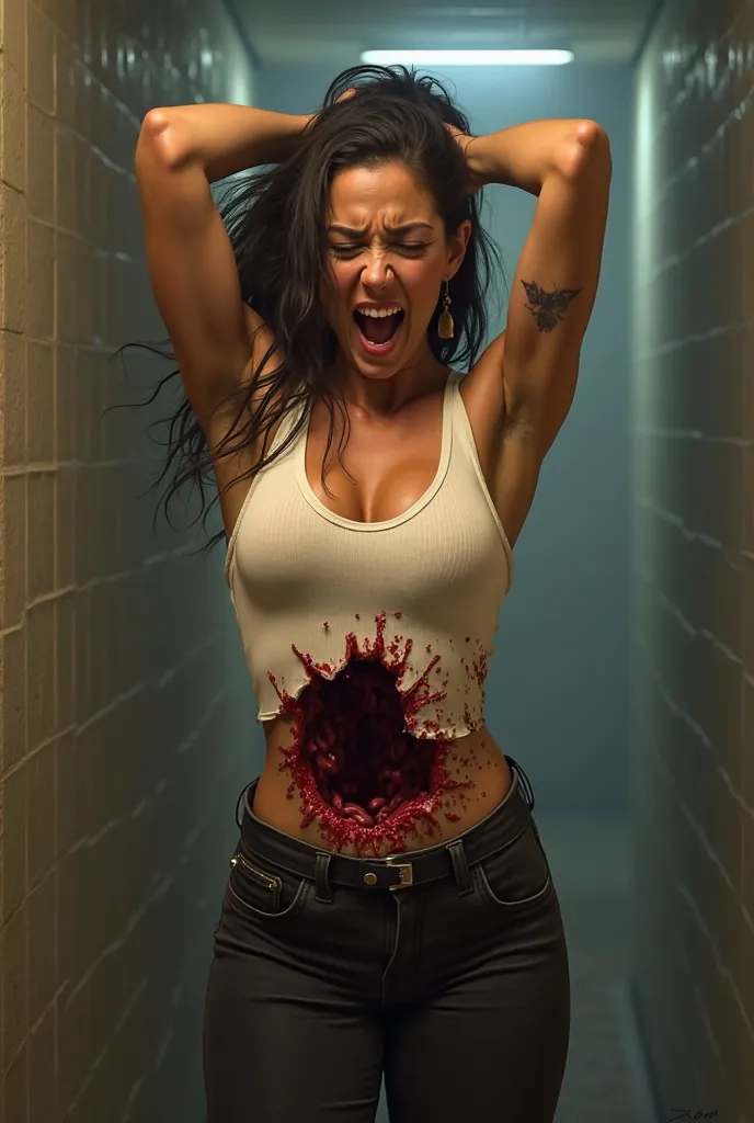 This sexy woman wearing a white bodysuit shirt TUCKED in skintight dark pants and black belt. Arms held on side Frightened and screaming. Shotgun blast to the belly, with projectile and velocity. hole in her lower midsection. Blood splatter and intestinal ...