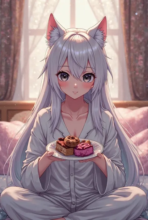 A male manga with floor-length hair, white hair, wolf ears, black eyes, cute looking, wearing pajamas, eating sweets.