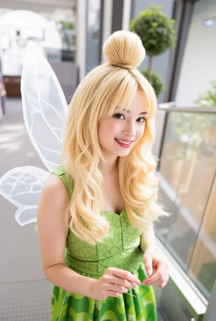 The most beautiful Tinkerbell , Real-life cosplay , 19 years old,    Looking up at the camera , ( more beautiful and detailed eyes squinted :1.2),  light smile base ,   Direct shot from above , gorgeous, very pretty, más inviting, most exciting , sensual, ...