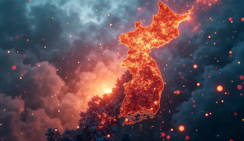 Impactful background of the Korean peninsula with falling financial graphs in which a South Korean expert appears warning of the collapse of the economy, create dynamic and different images and without any text