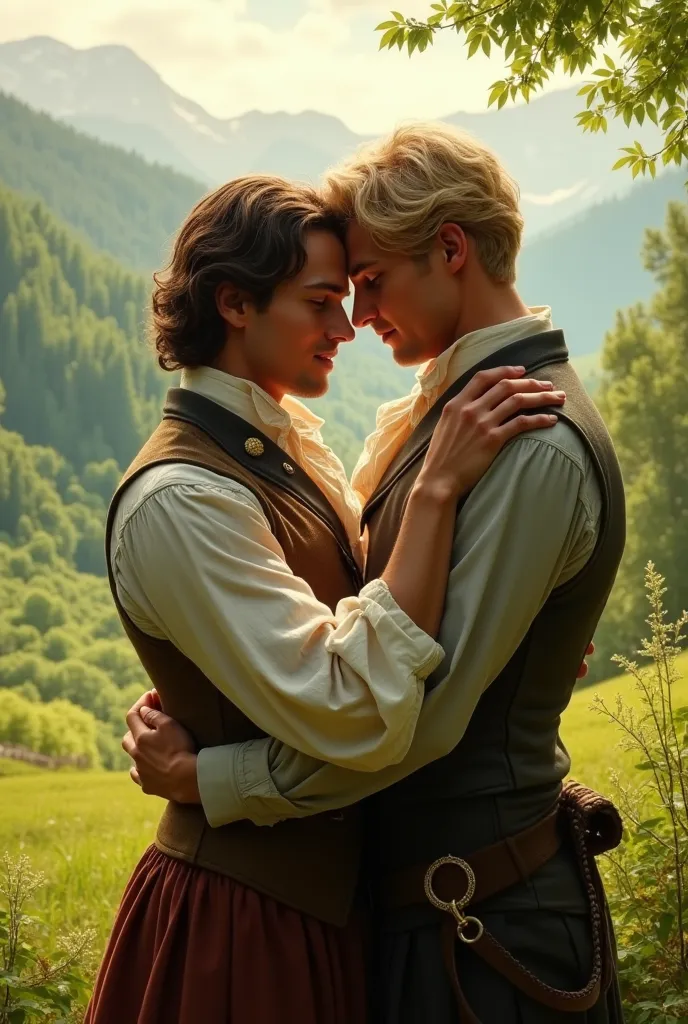 20-year-old brown man hugging another 22-year-old blond man in a green landscape, The sky is sunny and the background is beautiful, the two men are wearing clothes from the 1800s, are seen full body