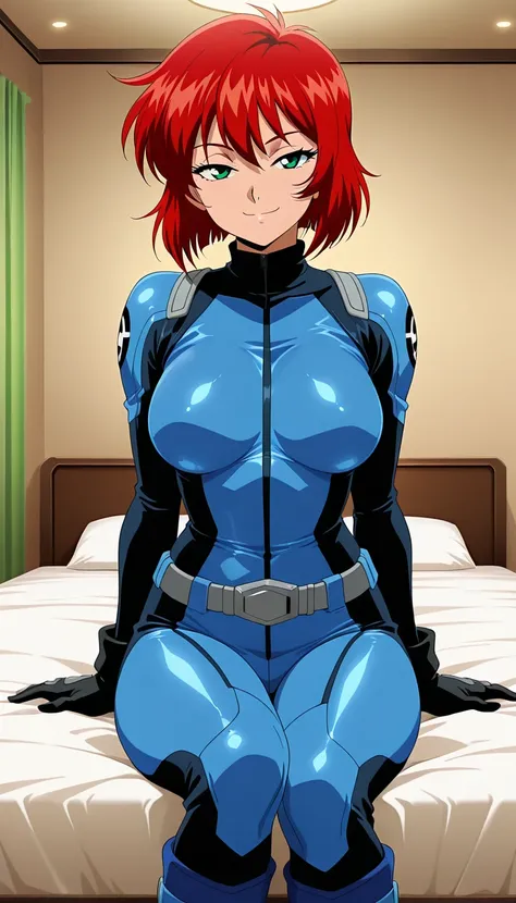 anime screencap, masterpiece, best quality, amazing quality, very aesthetic, absurdres, newest, official style, dna_hunter_mai, 1girl, solo, red hair, short hair, green eyes, smile, half eyes closed, sexy eyes, indoors, looking at viewer, seductive smile, ...