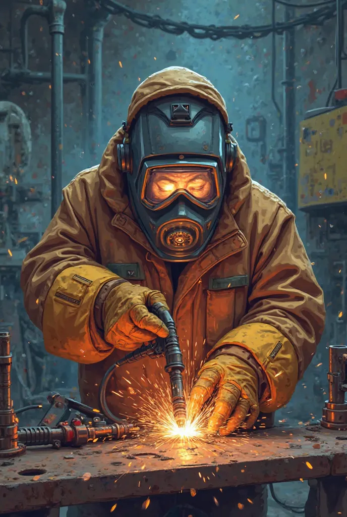 A cartoon-style image of a welding engineer named Mike working carefully on a metal piece. He is wearing oversized protective gear, including gloves, a welding mask, and a heavy-duty jacket. The scene is detailed, showing sparks flying from the welding tor...