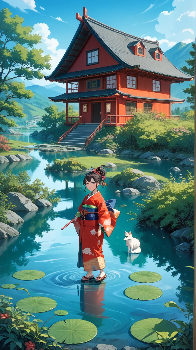 Spirited Away、 Japanese Countryside Scenery、A girl in a red kimono、 old Japanese folk house、 Japanese Gods 、fox