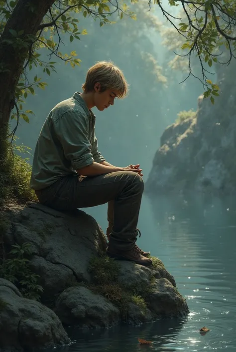 Young blond man sitting on a sad rock