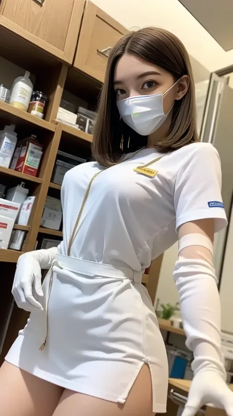 ((White Nurse uniform:1.2、nurse cosplay:1.1))、The perfect micro size for the body、skirt、Medium breast、 layer style、blonde hair、Straight Bob Hair、smile、(white rubber gloves)、(White Mask:1.3)、smile、Standing in front of the medicine cabinet、Inside the hospita...