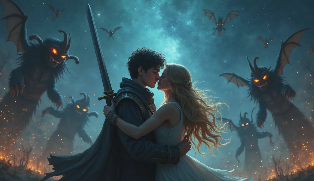  fantasy。Attacked by an oncoming crowd of flying demons、A young man who hugs a beautiful blonde woman crying and closes her eyes while fighting with a sword with an angry face。Stars that shine like crystals at night。4K