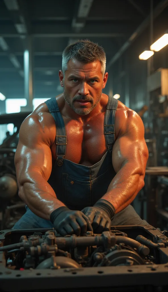 a muscular handsome masculine middle-age man wearing overalls, bluish eyes, sexy red lips, working in a car workshop, sweat glistening on his exposed body, body smeared in engine oil, thick grey moustache, no beards, no goatee, short grey hair, eyeglasses,...