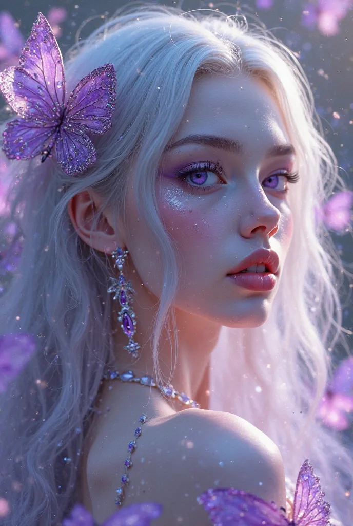 Gray Hair、 purple eyes、It's studded with purple jewels、 white skin、Full Body Image、profile、dynamic、gorgeous、light purple butterfly on background、My eyes are looking over here、Transparency、Illumination