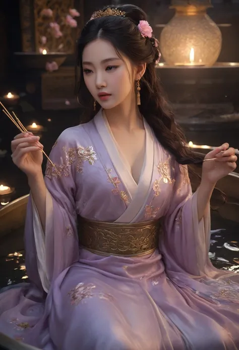  A hyper-realistic, cinematic 3D rendering of Diao Chan, one of the Four Beauties of ancient China, immersed in a luxurious bronze bowl filled with warm water and delicate floating petals. Her flawless, porcelain-like skin glows softly under ambient lighti...