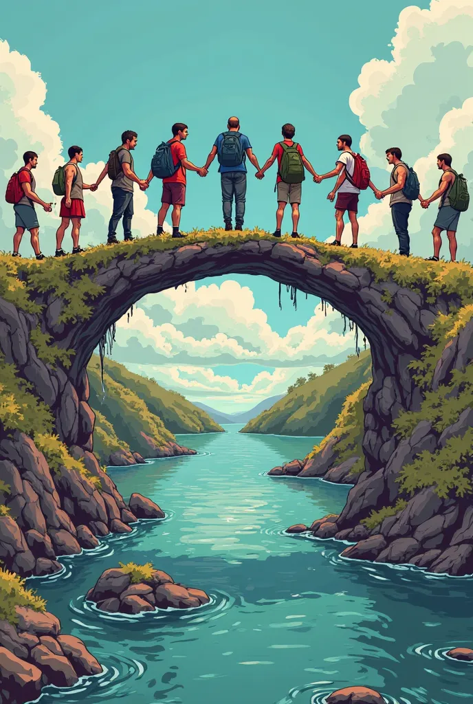 The Human Bridge

A group of people of different ethnicities and cultures that form a bridge with their bodies, allowing others to cross a symbolic chasm. A visual way of representing trust and cooperation as a means to overcome divisions.  Comic version 