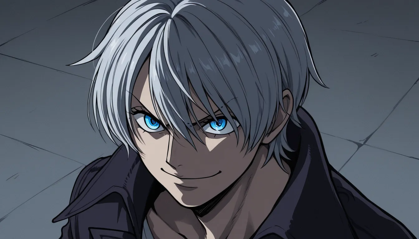 Satoru Gojo, robust and imposing body, fair skin with a pale touch, short, well-combed gray hair, deep light blue eyes with narrow pupils, straight and well-defined eyebrows, square-shaped face with a firm chin and striking features, serene and enigmatic e...