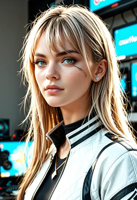 masterpiece, highres, screen shot, best quality, 1girl, (scar on left eye), white cropped jacket, highly detailed, rule of thirds, jewelry, long hair, bangs, hair between eyes

