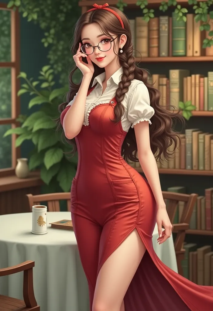 A beautiful woman in a cute Pennefore dress. long braids. round glasses. large dreamy eyes. he Official Art – An Award-Winning Digital Masterpiece In 4K Ultra HD, Extreme Detail And Intricate Realism. This Concept Art Brought To Life By The Hands Of Artist...