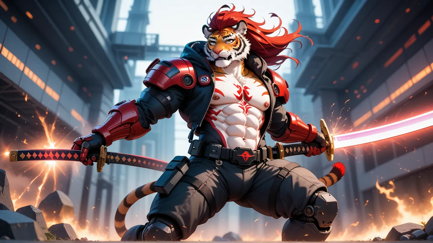 Create a highly detailed, muscular anthropomorphic Cybernetic Tiger Clan
Appearance: Striped orange-and-white fur, cybernetic red war paint markings, and wild crimson hair. A glowing neural implant pulses along her temple.
Titanium-alloy battle armor with ...