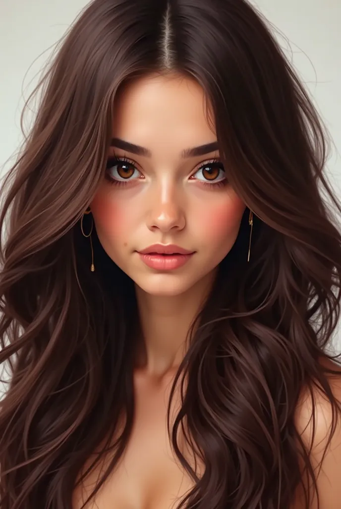 Create photo Dark chocolate brown hair color that is waivy and long (on her waist)same color in her eyes round face

Make it look like a real person
