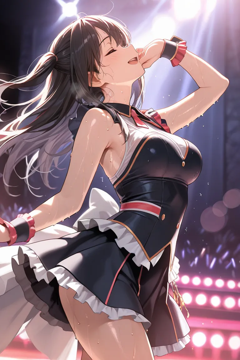  (masterpiece , ultra detailed, best quality), solo,a girl,older sister, medium breasts, Idol, smile,  very hot ,very sweaty, dancing, singing, lens flare ,stage lights , Idol clothes, Kissing on the cheek