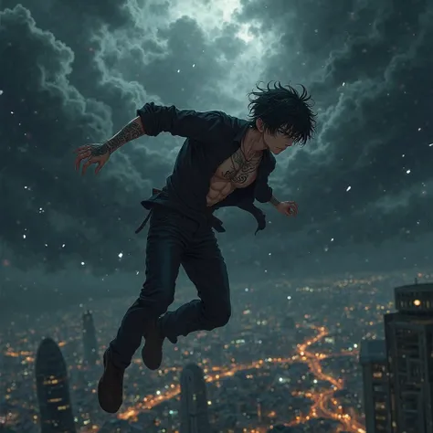 Male anime character falling from the sky without a parachute, very dark, clouds, city lights, black pants and blouse, tattoos