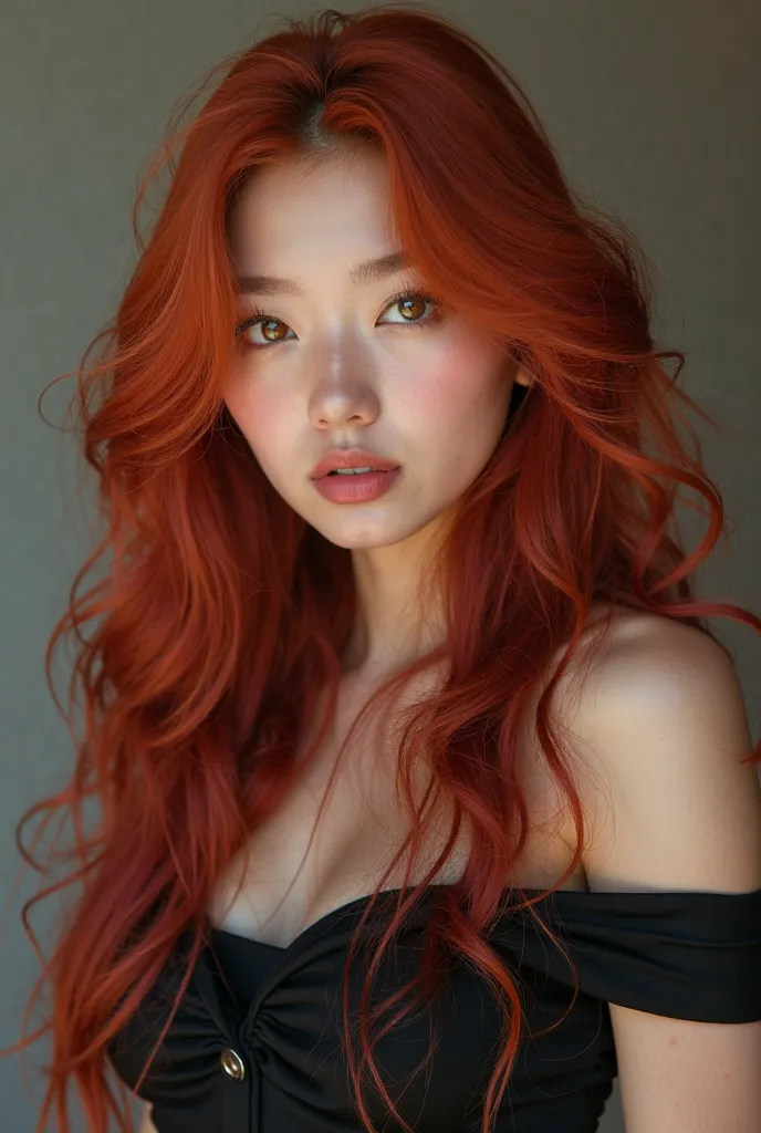  Nadia Rachel Ken-Blaze is a Petite, toned girl with long fluffy red hair, golden eyes, and a cute yet mischievous Korean supermodel-like beauty. Prefers black and red casual outfits. 