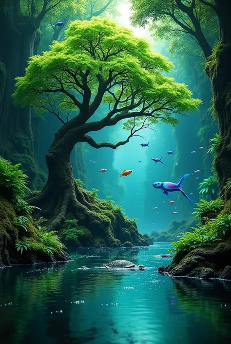 Stylish wallpaper,Mini and green forest,with big tree roots,Aquascape style,aquarium,filled with pretty little blue neon fish,with water bubbles,contains small turtles,and colorful garden,best quality,fields are very detailed,ultra realistic,ultra high def...