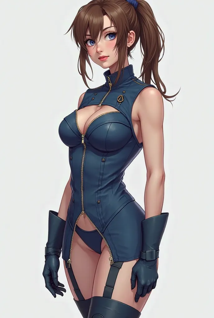 You can create an image of a woman with brown hair and a ponytail hairstyle and who wears a sleeveless blue military suit with a zipper on the chest and underneath who wears a blue bikini combined with the suit and who wears a black panti and blue boots an...